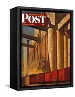 "Boxcars at Grain Elevators," Saturday Evening Post Cover, October 4, 1947-John Atherton-Framed Stretched Canvas