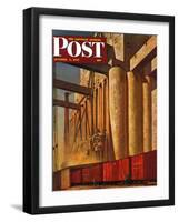 "Boxcars at Grain Elevators," Saturday Evening Post Cover, October 4, 1947-John Atherton-Framed Giclee Print