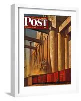 "Boxcars at Grain Elevators," Saturday Evening Post Cover, October 4, 1947-John Atherton-Framed Giclee Print