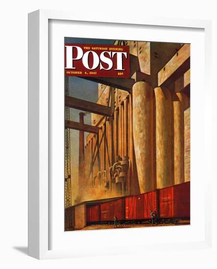 "Boxcars at Grain Elevators," Saturday Evening Post Cover, October 4, 1947-John Atherton-Framed Giclee Print