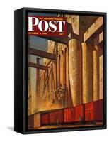 "Boxcars at Grain Elevators," Saturday Evening Post Cover, October 4, 1947-John Atherton-Framed Stretched Canvas