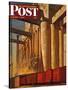 "Boxcars at Grain Elevators," Saturday Evening Post Cover, October 4, 1947-John Atherton-Stretched Canvas