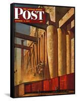 "Boxcars at Grain Elevators," Saturday Evening Post Cover, October 4, 1947-John Atherton-Framed Stretched Canvas