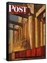 "Boxcars at Grain Elevators," Saturday Evening Post Cover, October 4, 1947-John Atherton-Framed Stretched Canvas