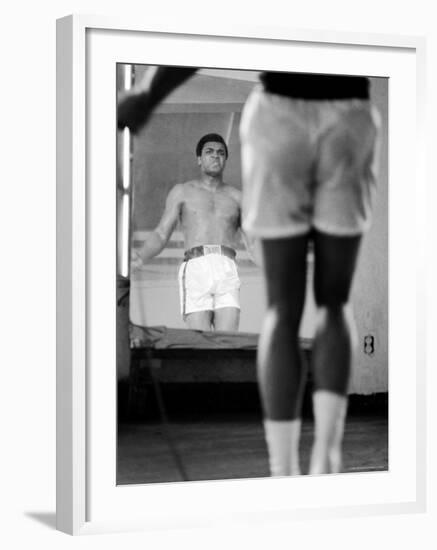 Boxer Muhammad Ali Jumping Rope While Watching Himself in Mirror During Training for His Fight-John Shearer-Framed Premium Photographic Print