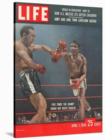 Boxers Carmen Basilio and Sugar Ray Robinson in Action, April 7, 1958-George Silk-Stretched Canvas