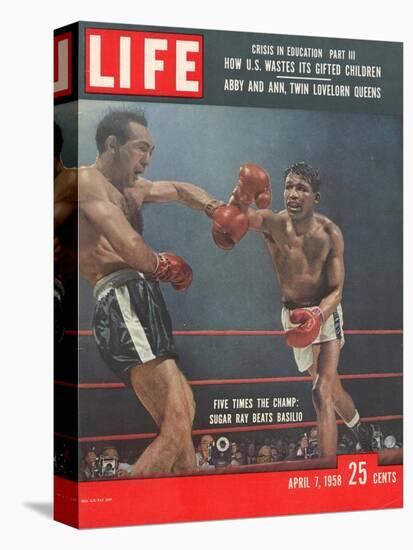 Boxers Carmen Basilio and Sugar Ray Robinson in Action, April 7, 1958-George Silk-Stretched Canvas