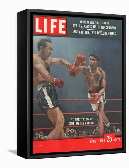 Boxers Carmen Basilio and Sugar Ray Robinson in Action, April 7, 1958-George Silk-Framed Stretched Canvas