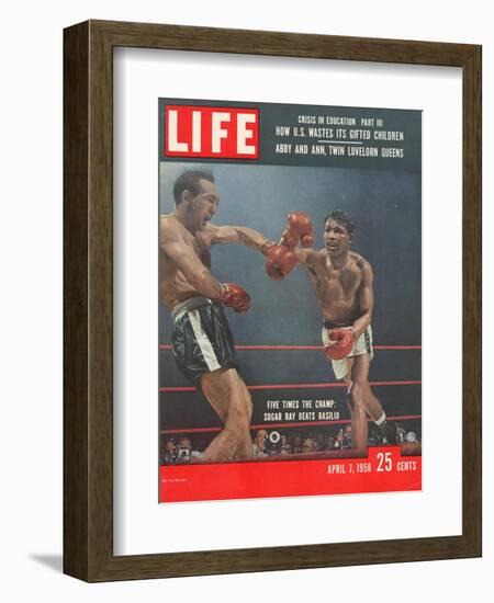 Boxers Carmen Basilio and Sugar Ray Robinson in Action, April 7, 1958-George Silk-Framed Photographic Print