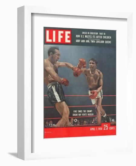 Boxers Carmen Basilio and Sugar Ray Robinson in Action, April 7, 1958-George Silk-Framed Photographic Print