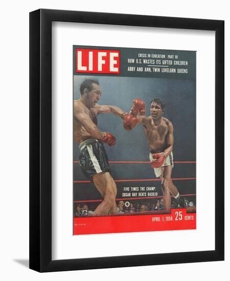 Boxers Carmen Basilio and Sugar Ray Robinson in Action, April 7, 1958-George Silk-Framed Premium Photographic Print