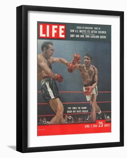 Boxers Carmen Basilio and Sugar Ray Robinson in Action, April 7, 1958-George Silk-Framed Photographic Print