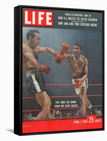 Boxers Carmen Basilio and Sugar Ray Robinson in Action, April 7, 1958-George Silk-Framed Stretched Canvas