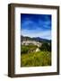 Boy and dog run to a deserted farmhouse over looking Frigiliana, Costa del Sol, Malaga Province...-Panoramic Images-Framed Photographic Print