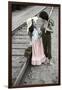 Boy and Girl Carrying Packs Walking by Railroad Tracks-Nora Hernandez-Framed Giclee Print