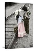 Boy and Girl Carrying Packs Walking by Railroad Tracks-Nora Hernandez-Stretched Canvas