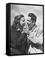 Boy and Girl Eating an Ice Cream Cone Together-Ed Clark-Framed Stretched Canvas