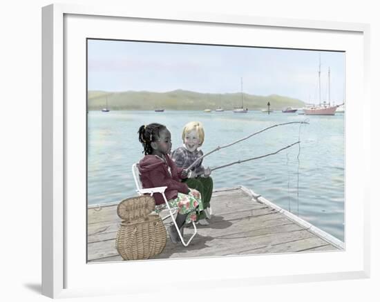 Boy and Girl Fishing Off of Dock-Nora Hernandez-Framed Giclee Print