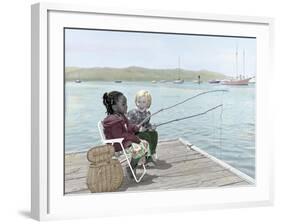 Boy and Girl Fishing Off of Dock-Nora Hernandez-Framed Giclee Print