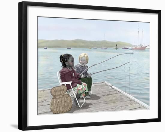 Boy and Girl Fishing Off of Dock-Nora Hernandez-Framed Giclee Print