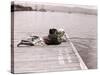 Boy and Girl Laying on Dock Fishing-Nora Hernandez-Stretched Canvas