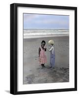 Boy and Girl on Beach Listening to Sea Shell-Nora Hernandez-Framed Giclee Print