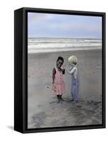 Boy and Girl on Beach Listening to Sea Shell-Nora Hernandez-Framed Stretched Canvas