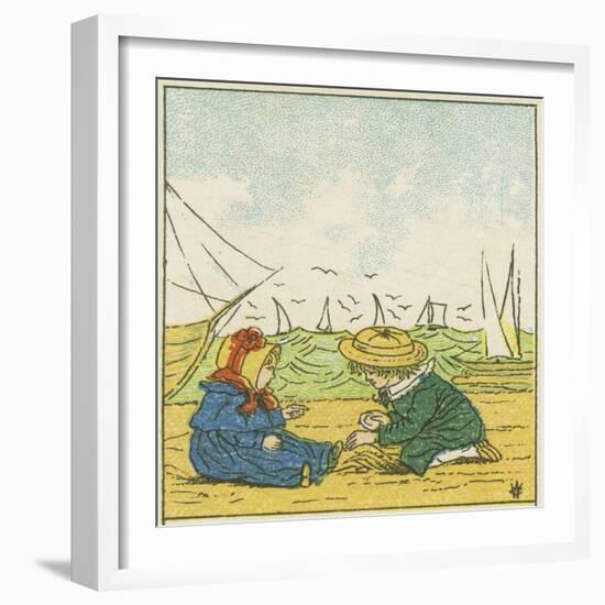 Boy and Girl Playing in the Sand at the Beach-null-Framed Giclee Print