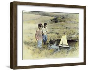 Boy and Girl Playing with Sail Boat-Nora Hernandez-Framed Giclee Print