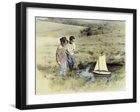 Boy and Girl Playing with Sail Boat-Nora Hernandez-Framed Giclee Print