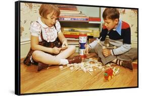 Boy and Girl Playing with Tinkertoys-William P. Gottlieb-Framed Stretched Canvas