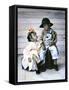 Boy and Girl Sitting on Luggage-Nora Hernandez-Framed Stretched Canvas