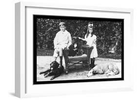Boy and Girl with Their Four Dogs-null-Framed Art Print