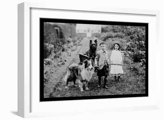 Boy and Girls with Two Dogs and a Wagon-null-Framed Art Print