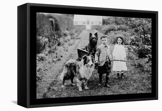 Boy and Girls with Two Dogs and a Wagon-null-Framed Stretched Canvas