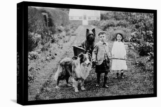 Boy and Girls with Two Dogs and a Wagon-null-Stretched Canvas