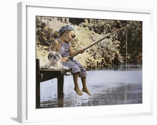 Boy and His Dog Fishing Off Dock-Nora Hernandez-Framed Giclee Print