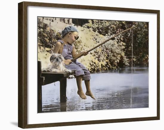 Boy and His Dog Fishing Off Dock-Nora Hernandez-Framed Giclee Print