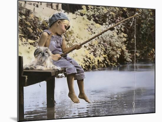 Boy and His Dog Fishing Off Dock-Nora Hernandez-Mounted Giclee Print