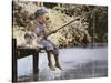 Boy and His Dog Fishing Off Dock-Nora Hernandez-Stretched Canvas