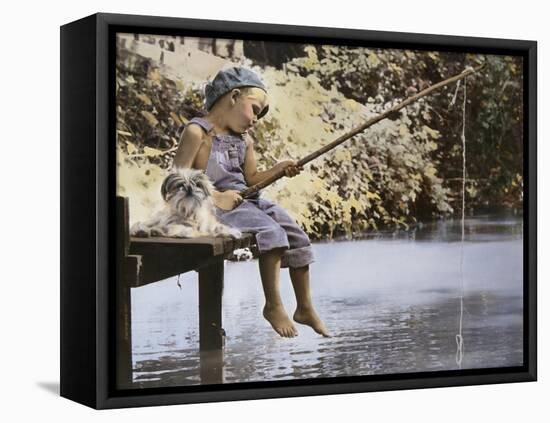 Boy and His Dog Fishing Off Dock-Nora Hernandez-Framed Stretched Canvas