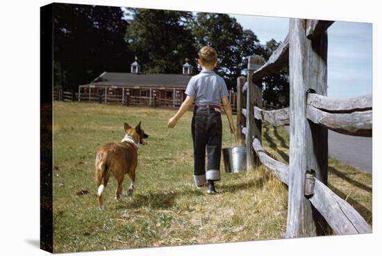 Boy and His Dog Walking Along a Fence-William P. Gottlieb-Stretched Canvas