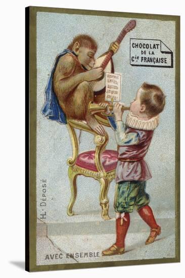 Boy and Monkey Playing Musical Instruments Together-null-Stretched Canvas