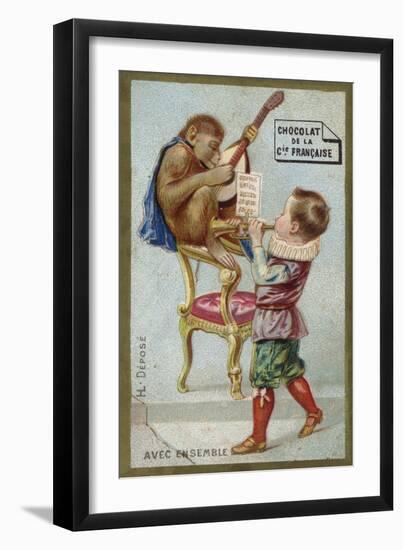 Boy and Monkey Playing Musical Instruments Together-null-Framed Giclee Print