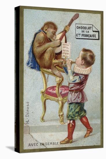 Boy and Monkey Playing Musical Instruments Together-null-Stretched Canvas
