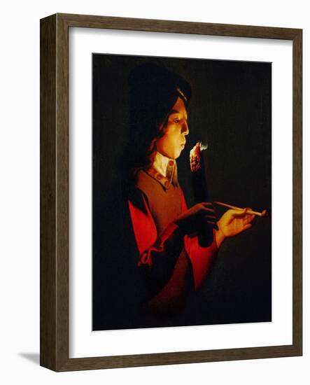 Boy Blowing on a Firebrand, circa 1645-1650-Georges de La Tour-Framed Giclee Print