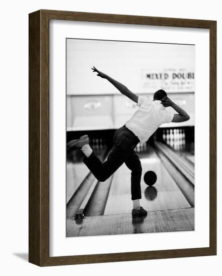 Boy Bowling at a Local Bowling Alley-Art Rickerby-Framed Photographic Print