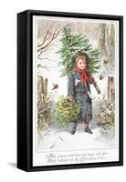 Boy Carrying Christmas Tree over Shoulder, Christmas Card-null-Framed Stretched Canvas