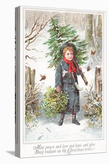 Boy Carrying Christmas Tree over Shoulder, Christmas Card-null-Stretched Canvas