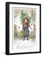 Boy Carrying Christmas Tree over Shoulder, Christmas Card-null-Framed Giclee Print